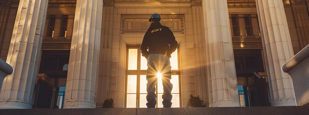 a determined worker stands resolutely in front of a courthouse, bathed in soft morning light, symbolizing the challenge and perseverance of navigating workers' compensation claims in california.