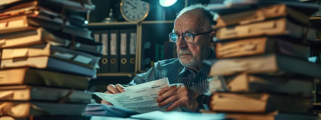 a determined worker, surrounded by stacks of paperwork and a clock ticking ominously in the background, gazes intently at a computer screen, embodying the struggle to meet pressing workers' compensation filing deadlines.