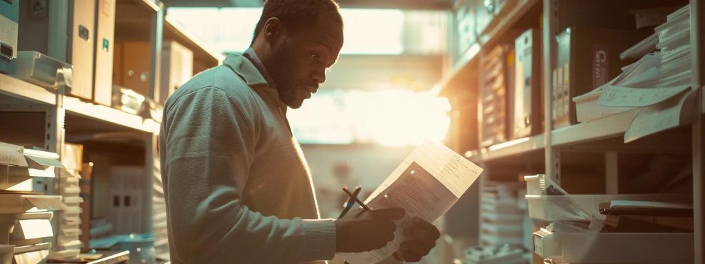 a determined worker, visibly concerned yet composed, stands in a bright office environment, surrounded by filing cabinets and charts, as they document their workplace injury with a notepad and pen, symbolizing the crucial steps in navigating the aftermath of an accident.
