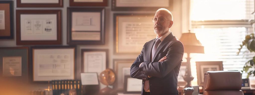 a determined workers' compensation attorney stands confidently in an office adorned with legal books and framed achievements, passionately discussing client rights amidst a backdrop of insightful charts depicting the claims process.