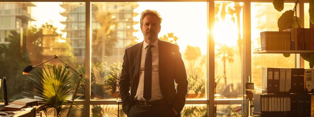 a determined workers' compensation attorney stands confidently in a modern long beach office, surrounded by law books and documents, ready to guide clients through the complexities of workplace injury claims under warm, natural light streaming through large windows.