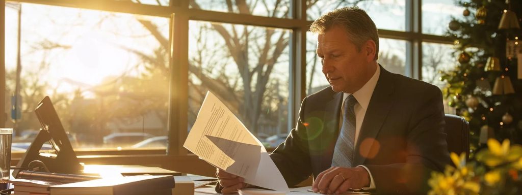 a determined workers' compensation attorney confidently reviews case documents in a sunlit office surrounded by accolades, symbolizing the unwavering support and success of legal representation for clients recovering from workplace accidents.