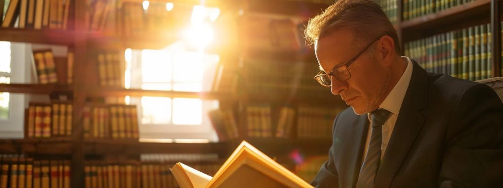 a determined workers' compensation attorney confidently reviews case files in a sunlit office, surrounded by legal books that symbolize the expertise essential for advocating for clients facing workplace injuries.