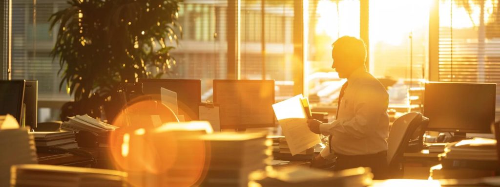 a determined workers' compensation attorney confidently navigates the legal complexities in a sunlit long beach office, surrounded by client files and evidence of workplace incidents, symbolizing advocacy for injured employees.