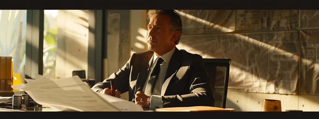 a determined workers' compensation attorney confidently negotiates a settlement in a dynamic office setting, embodying advocacy for client rights and interests with a backdrop of construction plans and legal documents.