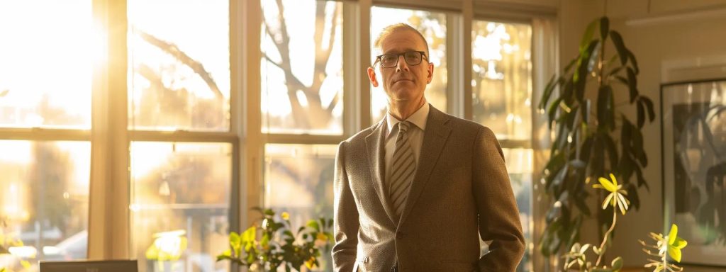 a determined workers' compensation attorney stands confidently in a sunlit office, surrounded by legal documents and a supportive atmosphere, symbolizing dedication to client advocacy and the pursuit of fair justice.