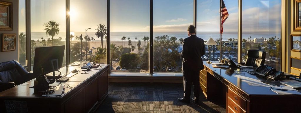 a determined workers' compensation lawyer confidently stands in a sunlit california office, surrounded by legal documents and a scenic view of long beach, symbolizing the support and guidance offered to injured workers navigating their rightful claims.