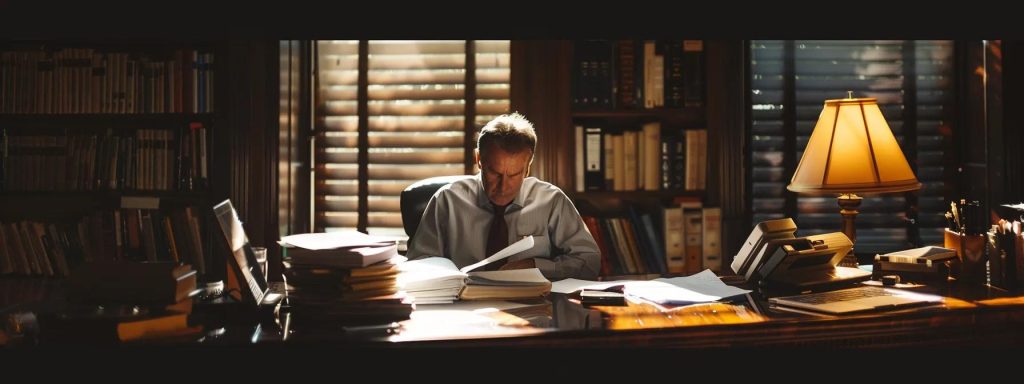 a dimly lit office setting features a somber individual seated at a desk, contemplating a stack of legal documents and financial calculations related to their injury compensation claim, emphasizing the weight of navigating personal trauma and the pursuit of justice.