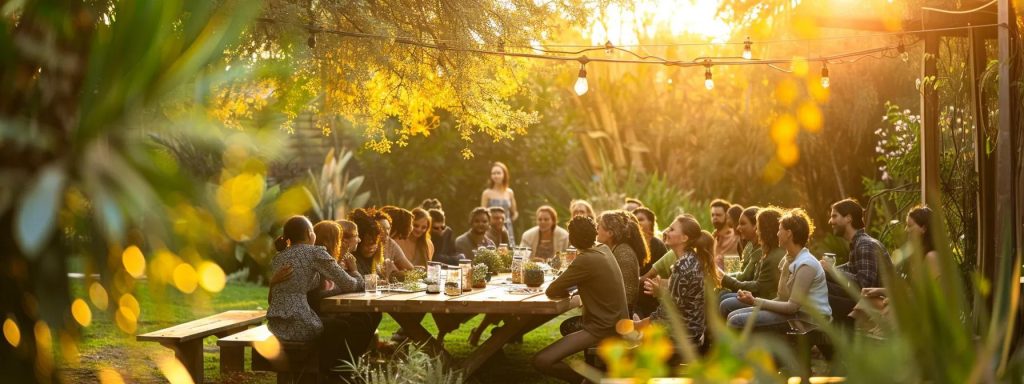 a diverse group of empowered individuals engages in an outdoor workshop, surrounded by vibrant greenery, as they enthusiastically discuss and share knowledge about employment rights and workplace equality under a warm, golden sunset.