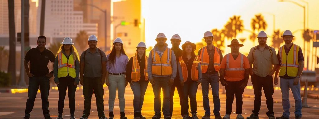 a diverse group of workers, standing confidently in front of a vibrant cityscape of long beach, united in their pursuit of equity and rights, illuminated by warm sunlight that symbolizes hope and empowerment.