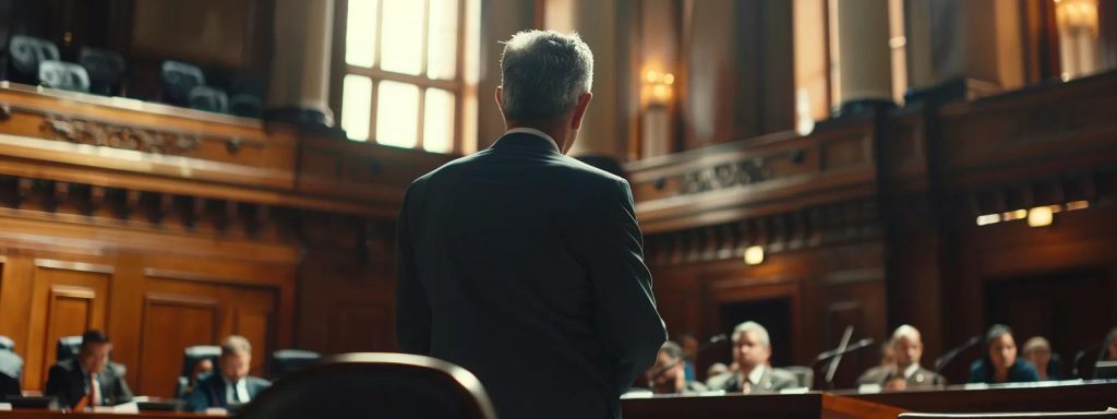 a dramatic courtroom scene captures the tension of a workers' compensation case in long beach, showcasing a central figure presenting compelling evidence amidst a backdrop of intense scrutiny and focused determination.
