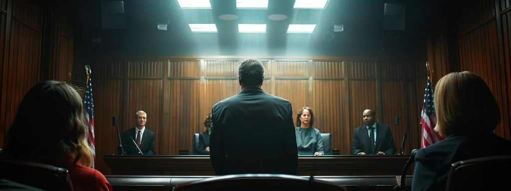a dramatic courtroom scene captures a tense moment as a determined employee stands at the center, flanked by legal advisors, illuminated by focused overhead lights, symbolizing the challenges of navigating workers' compensation claims in long beach.