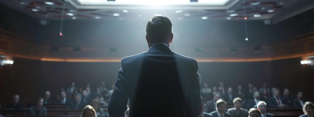 a dramatic courtroom scene captures a skilled workers' compensation attorney passionately presenting a complex case, surrounded by legal documents and a focused audience, illuminated by warm overhead lighting, emphasizing the seriousness and expertise involved in seeking justice.