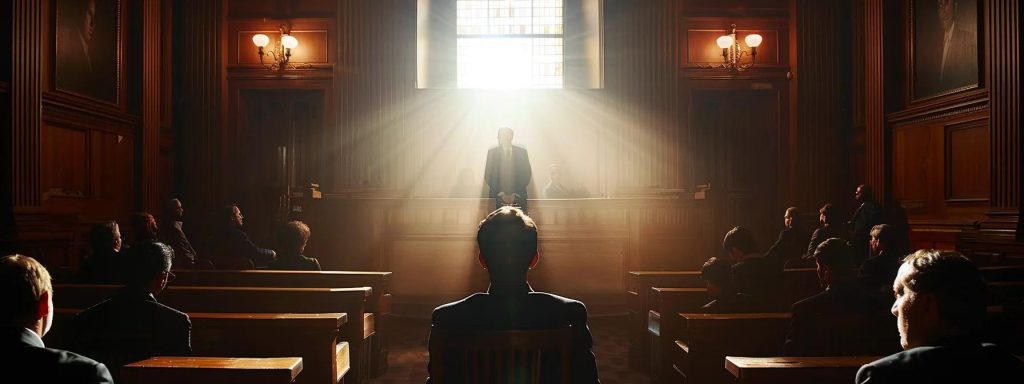 a dramatic courtroom scene captures the tension of a workers' compensation dispute, with a lone figure standing confidently at the center, illuminated by a spotlight, while anxious expressions of the audience are faintly revealed in the shadows.