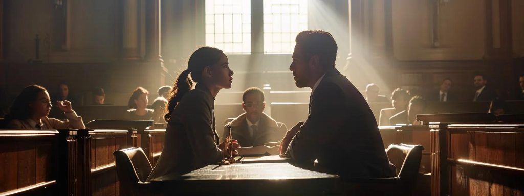 a dramatic courtroom scene highlights a determined attorney engaging with a client, illuminated by soft, focused lighting that emphasizes their earnest expressions and the tension of legal proceedings.