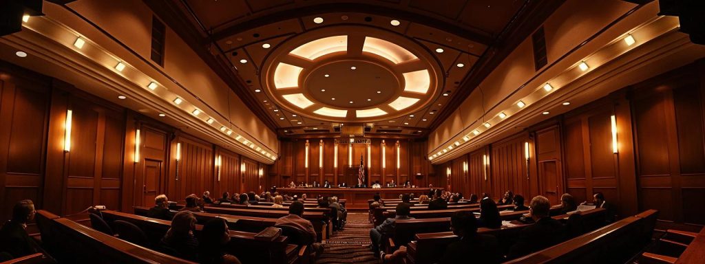 a dramatic courtroom scene in long beach captures a tense moment during a workers' compensation hearing, with solemn expressions on the faces of attorneys and injured workers, illuminated by stark overhead lighting that emphasizes the gravity of legal costs and complexities involved in their claims.