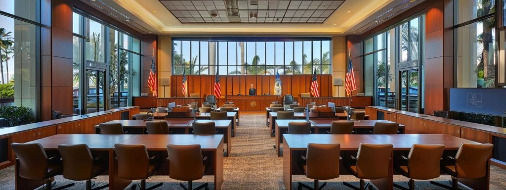 a dramatic courtroom scene in long beach, highlighting a focused lawyer passionately advocating for an injured worker, with intense lighting casting shadows that emphasize the urgency and importance of justice.