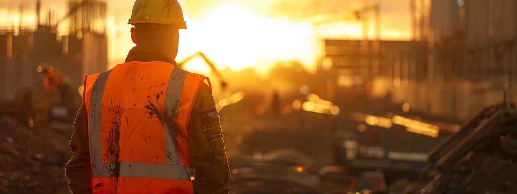 a dramatic depiction of a construction worker standing amidst a bustling long beach site, with striking cuts and lacerations emphasized on a safety vest, illuminated by the harsh sun, symbolizing the urgency of understanding workers compensation in hazardous environments.
