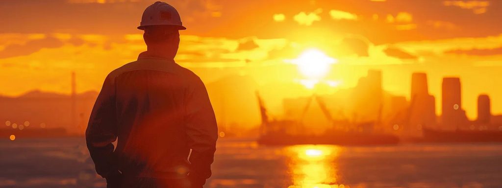 a dramatic scene of a determined worker standing confidently in front of a long beach skyline at sunset, symbolizing resilience and hope in navigating workers' compensation claims.
