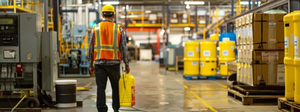 a dramatic, well-lit scene in an industrial workplace in long beach captures the moment of a safety training session, emphasizing the potential hazards and the importance of awareness among employees amidst machinery and vibrant safety signage.