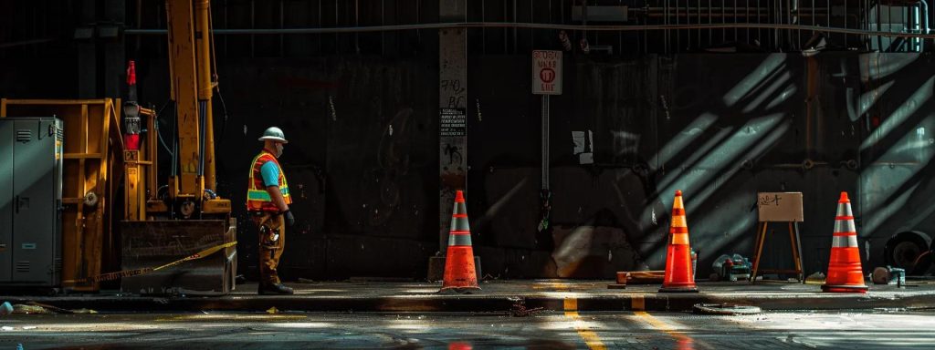 a dramatic workplace scene captures a concerned worker surrounded by safety gear and caution signs, emphasizing the urgency of recognizing common injuries and promoting awareness for workers' compensation.