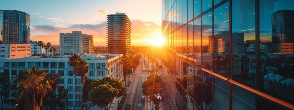 a dynamic and vibrant cityscape of long beach, showcasing diverse workplaces bustling with employees in safe, well-regulated environments, illuminated by golden hour sunlight that casts a warm glow over the scene.