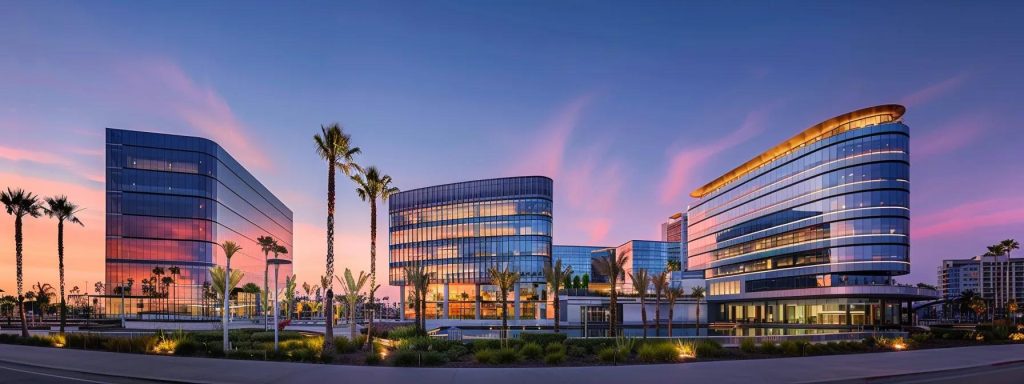 a dynamic cityscape of long beach at twilight showcases modern office buildings illuminated by vibrant lights, symbolizing the transformation of workers' compensation cases through technology and evolving legislation.