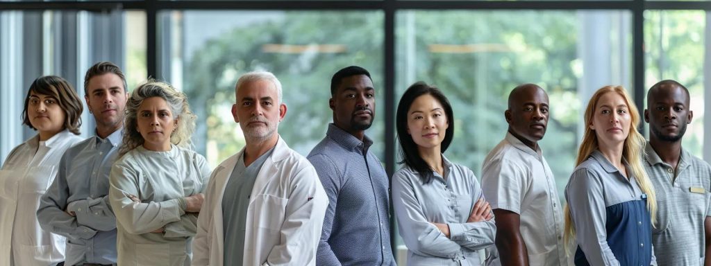 a dynamic composition illustrating a diverse group of workers in a vibrant office setting, showcasing varied expressions of stress and strain, symbolizing the spectrum of common work-related injuries, illuminated by soft, natural light filtering through large windows.