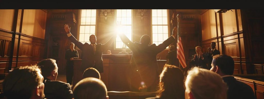 a dynamic courtroom scene captures the moment a triumphant worker, surrounded by supportive attorneys, celebrates a successful compensation claim, illuminated by warm, hopeful lighting that conveys the power of legal advocacy.