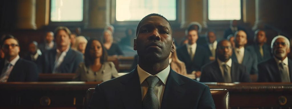 a dynamic courtroom scene features a confident workers' compensation attorney passionately presenting a compelling case, surrounded by expert witnesses and supportive staff, under stark lighting that emphasizes the intensity of the legal battle over workplace injuries.