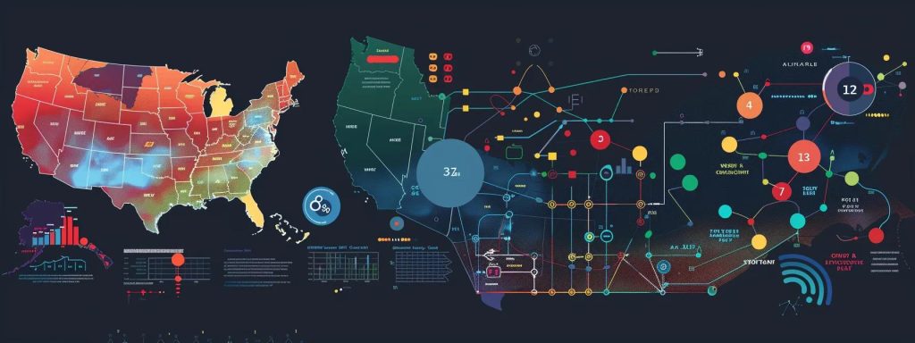 a dynamic infographic showcasing a comparative map of workers' compensation regulations across different states, featuring vibrant colors and clear icons symbolizing benefits and coverage variations.