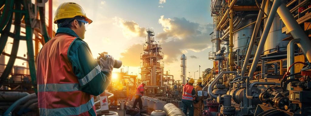 a dynamic scene captures a diverse group of workers in an industrial setting, highlighting the importance of safety gear and awareness in preventing workplace injuries, with vibrant machinery and a clear blue sky in the background.