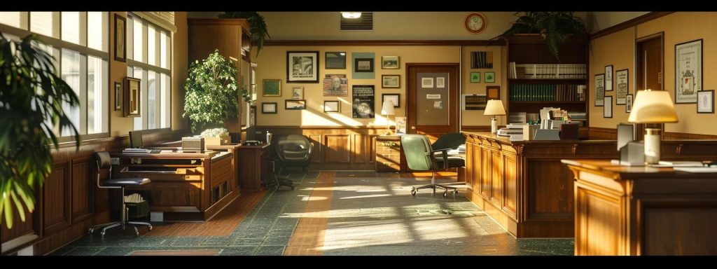 a dynamic scene capturing a bustling long beach attorney's office, where a diverse group of clients engage in animated discussions about their successful workers' compensation claims, infused with a sense of hope and resolution under bright, natural lighting.