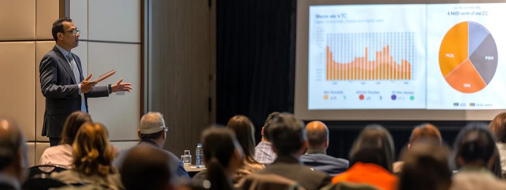 a dynamic scene capturing a thoughtful legal expert presenting vibrant infographics on workers' compensation outcomes, with a backdrop of engaging case study testimonials in a well-lit, modern conference room.