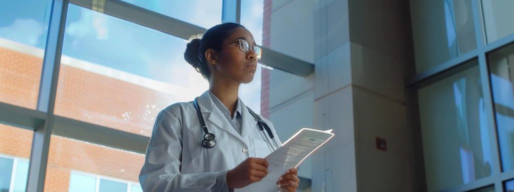 a dynamic scene capturing a determined advocate standing confidently in a stark, modern office environment, analyzing complex medical documents against a backdrop of a large window, symbolizing the challenges faced in workers' compensation negotiations.