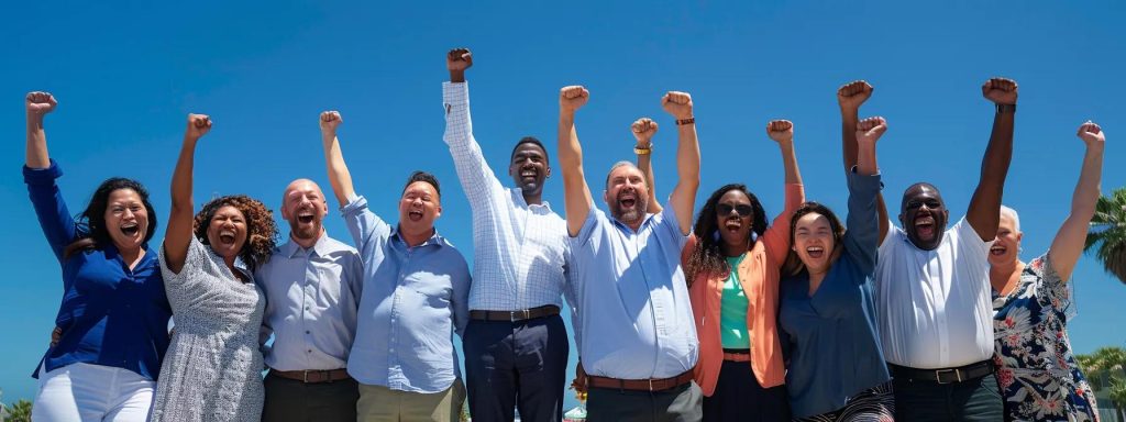 a dynamic, uplifting scene capturing a diverse group of long beach clients joyfully celebrating their victories in front of a vibrant coastal backdrop, symbolizing the positive outcomes of their workers' compensation claims.