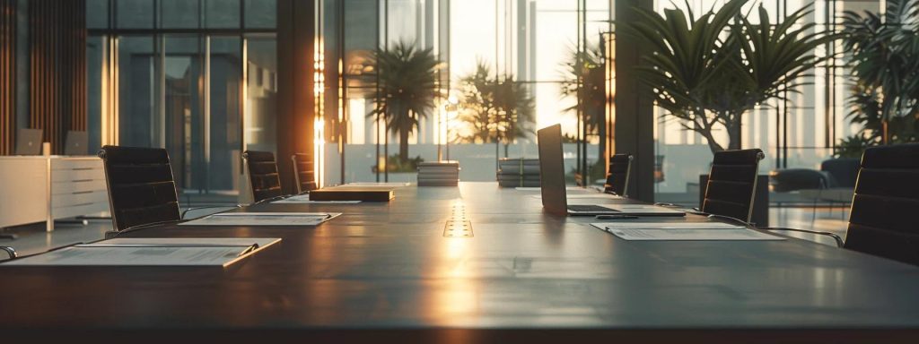 a focused and analytical scene depicting a professional attorney's office in long beach, featuring a sleek conference table with open legal documents and a laptop, illuminated by warm, natural light filtering through large windows, symbolizing the clarity and transparency needed when evaluating workers' compensation fees.