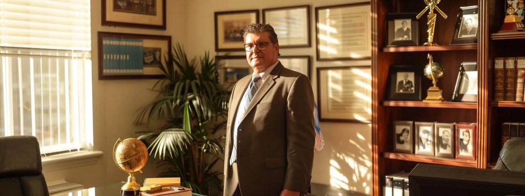 a focused and determined attorney stands confidently in a sunny long beach office, surrounded by case files and success trophies, symbolizing reliability and expertise in workers' compensation law.