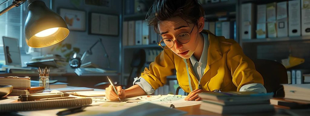 a focused and determined employee meticulously organizes a timeline and checklist at a bright, well-lit desk, surrounded by essential documents, capturing the essence of proactive and timely filing for workers' compensation claims.