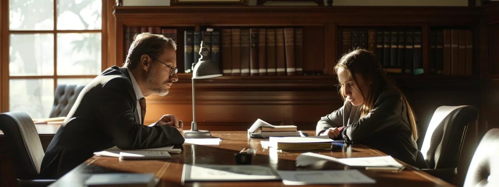 a focused and determined individual sits across from a compassionate attorney in a well-lit office, engaged in a serious discussion about workers' compensation claims amidst documents and legal books symbolizing clarity and empowerment in navigating complex legal costs.
