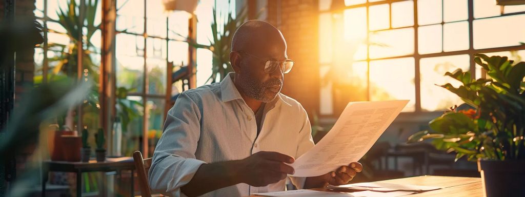 a focused and determined injured worker confidently reviews a detailed document in a sunlit office, symbolizing empowerment and clarity in navigating the workers' compensation claims process.