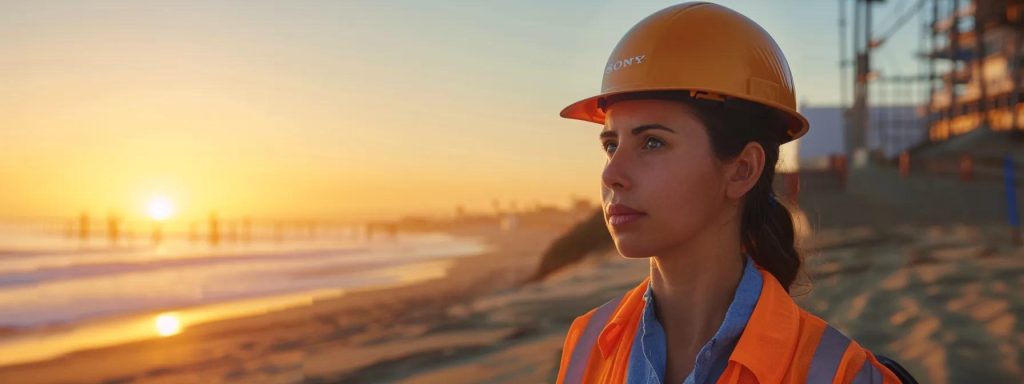 a focused and determined injured worker stands confidently against the backdrop of long beach, symbolizing resilience and empowerment in navigating the complexities of the workers' compensation process.