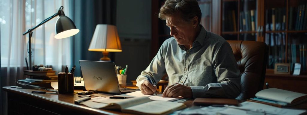 a focused and determined injured worker sits at a desk, surrounded by essential documents and a computer, contemplating the complexities of the claims review process under warm, soft lighting that conveys a sense of hope and resolution.