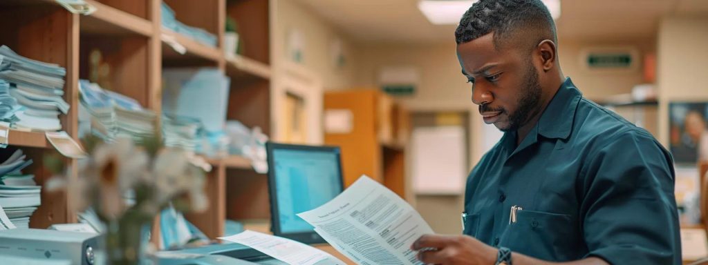 a focused and determined injured worker reviews detailed records and treatment documents in a bright, organized office, symbolizing the empowerment and support necessary for successfully navigating the workers' compensation claims process.