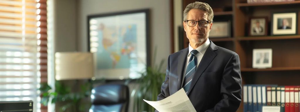 a focused and determined lawyer stands confidently in a modern office, reviewing legal documents related to workers' compensation claims, highlighting the strategic importance of contingency fees for injured clients.