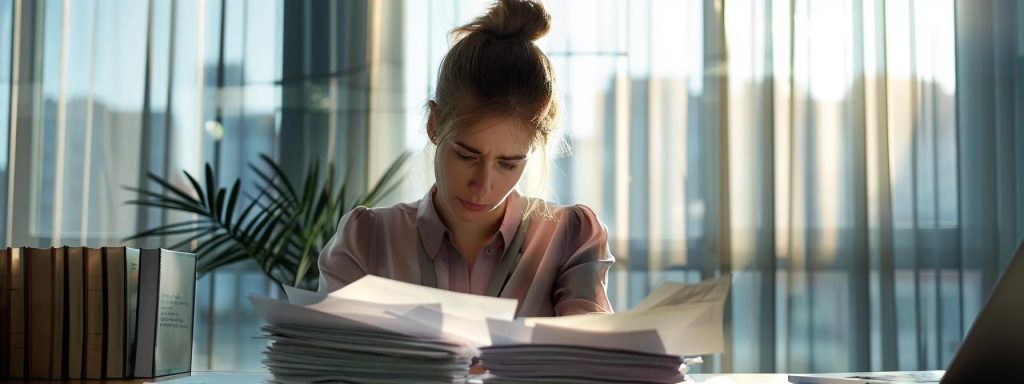 a focused and determined worker reviews a stack of essential documents under bright, natural light in a minimalist office, symbolizing the critical steps of the workers compensation claims process.
