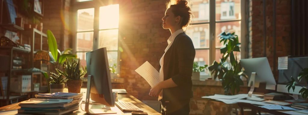 a focused and determined worker stands in a sunlit office, surrounded by essential documents and a computer, embodying the essence of navigating the workers' compensation claim process with clarity and purpose.