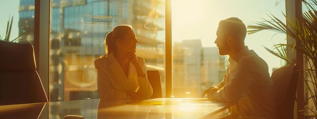 a focused and engaged attorney converses with a client in a bright, modern office setting, emphasizing clear communication and a commitment to client support in workers' compensation cases.