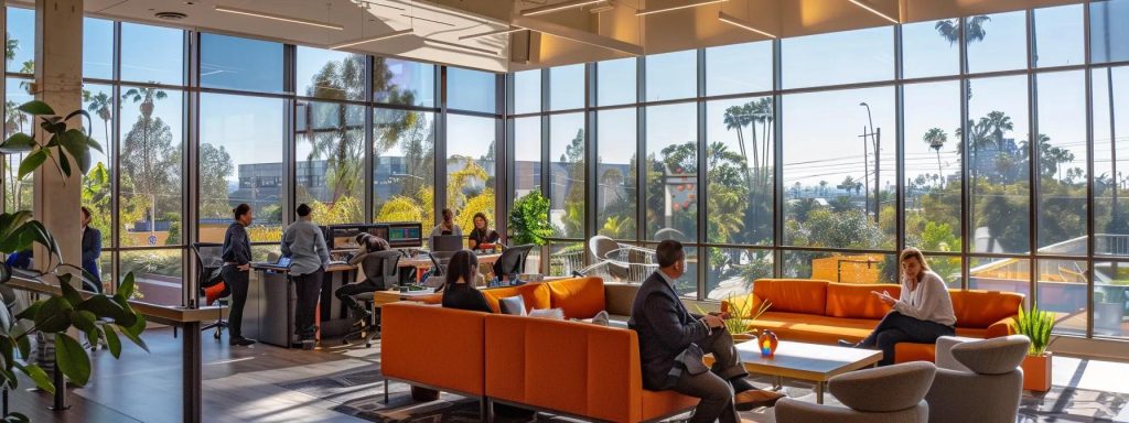 a focused and informative scene depicts a diverse group of workers engaged in discussions about their rights and fee structures with attorneys in a modern long beach office, illuminated by warm natural light filtering through large windows, conveying a sense of empowerment and clarity.
