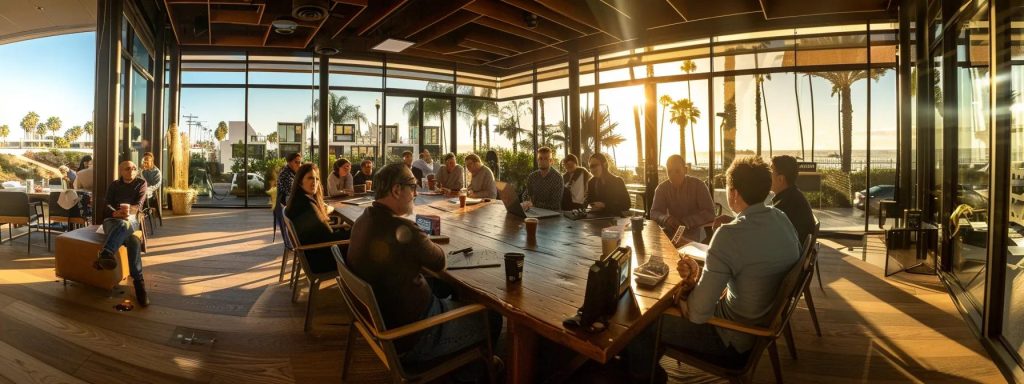 a focused and professional meeting room in long beach, illuminated by natural light, featuring a diverse group of determined individuals engaged in a serious discussion about workers' compensation negotiations, embodying clarity and empowerment.